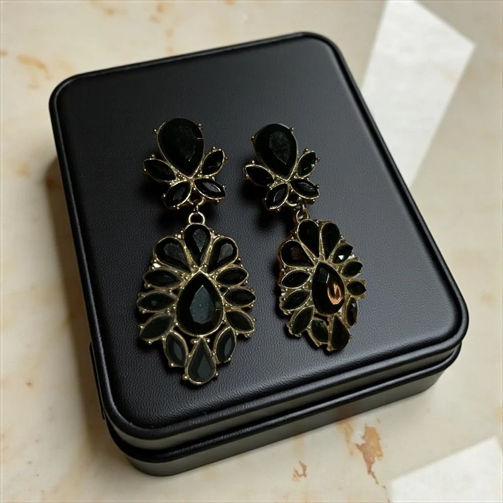 LOFT Black Stone Teardrop Floral Chandelier Drop Earrings OS
